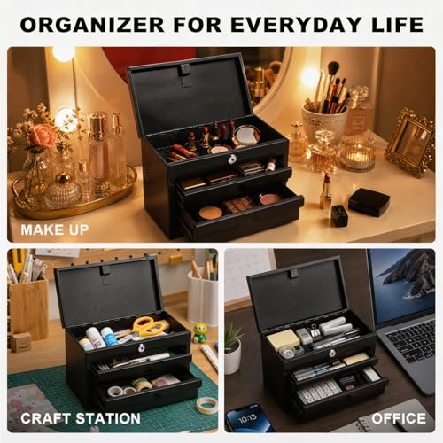 BIG RED Mini Steel Tool Box with Drawer, Small Metal Tool Box Organizer | Lockable Top Storage, Multi-Purpose Portable Tool Box Organize for Desk, Home, Garage, desk or Workbench, Black - color: Black, size: 10.7in