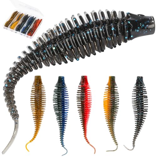 Soft Plastic Worm Fishing Lures Kit, Finesse TRD Stick Worms and Ned Rig Baits with Jig Heads for Bass Fishing, Freshwater Bass Soft Baits - color: 20pcs Plastic Worms, size: 4.75"