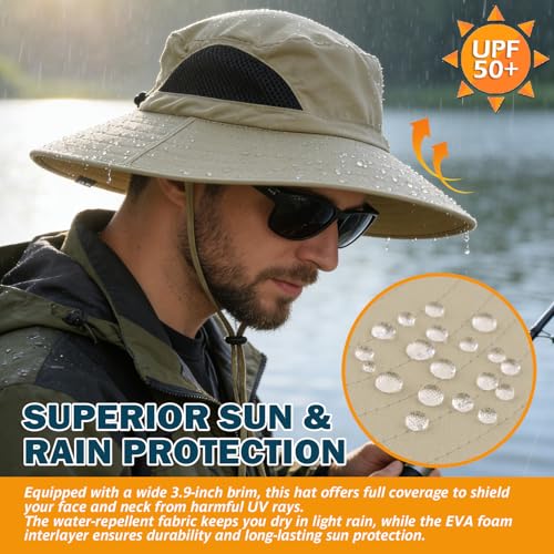 Wide Brim Sun Bucket Hat, Waterproof Boonie Hat for Men & Women | UPF 50+ UV Protection, Adjustable Fit, Chin Strap & Sweatband, Foldable Durable for Fishing Hiking Garden Beach - color: 01 Khaki