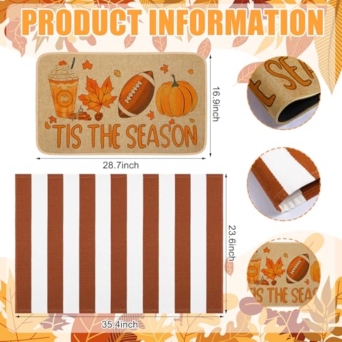 Tinideya 2 Pcs Fall Football Door Mat Outdoor Autumn Pumpkin Welcome Doormat for Front Door Nonslip Linen Rubber Layered Orange Stripe Thanksgiving Harvest Rugs Its The Season Decor for Porch Entryway - size: 16 x 28 Inch,24 x 35 Inch, style: Fall Footbal