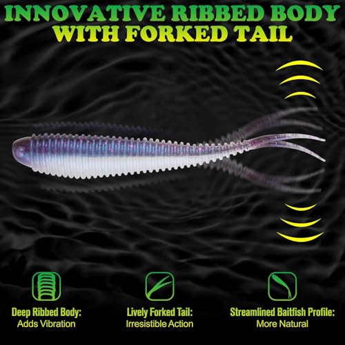 LUCKYFISHING Soft Plastic Baits 20PCS/30PCS/40PCS Forked Tail Fishing Soft Bait for Bass Walleye Trout Crappie Lures 3in/3.5in/4in - color: Purple Pearl, size: 3.5in-30pcs
