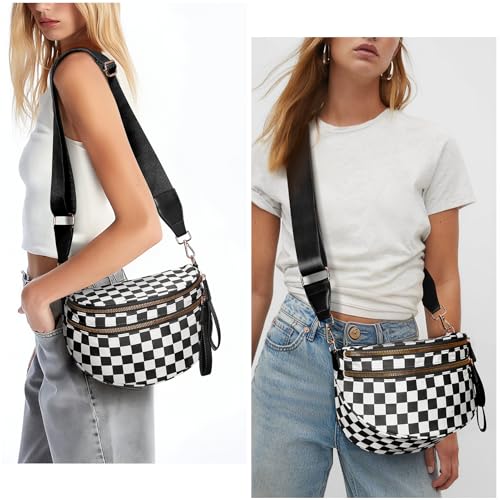Checkered Crossbody Bum Bags for Women Nylon Checkered Purse Checkerboard Fanny Pack - color: A01-black