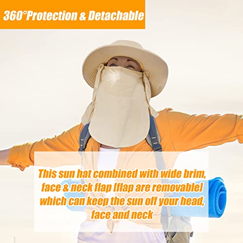 Fishing Hat for Men & Women, Outdoor UV Sun Protection Wide Brim Hat with Face Cover & Neck Flap - color: Beige