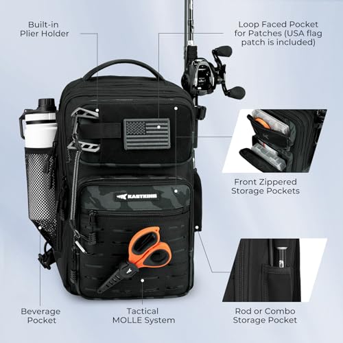 KastKing BlowBak Tactical Sling Tackle Bag-Lightweight Fishing Backpack Storge Fishing Gear and Equipment,Gift for Men - color: G: Double Shoulder-black Camo（16.9” X 10.6” X 8.3”）, size: Large