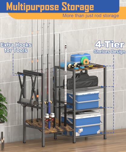 Fishing Rod Holders for Garage, Fishing Pole Holder Stand with Multifunctional Hook, 4 Tier Fishing Gear Equipment Organizers Rack, Fits Most Rods of 1.58" for Home Entryway Corner - color: Black