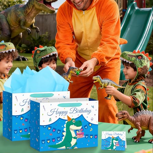 Hooqict Large Dinosaur Gift Bag with Handles, Tissue Paper and Greeting Card Blue Dinosaur Happy Birthday Party Bag for Boys Kids Goodie Treat Candy Party Favors - color: Dinosaur