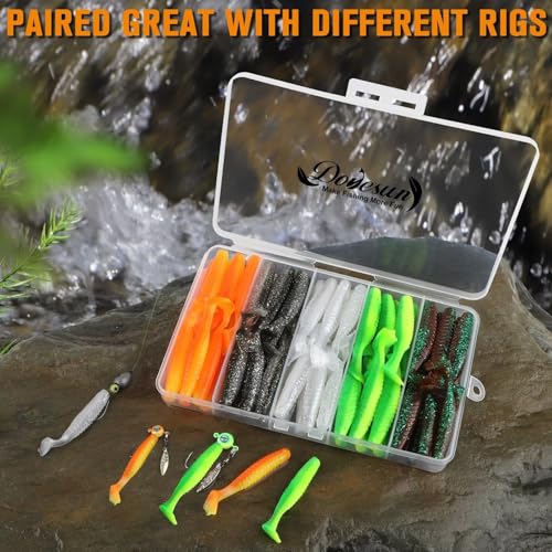 Dovesun Crappie Lures Kit Soft Plastic Baits Paddle Tail Swimbaits Fishing Soft Plastic Lures Crappie Walleye Trout Bass Fishing Baits 60pcs/75pcs - color: Duck Feet-2in-60pcs