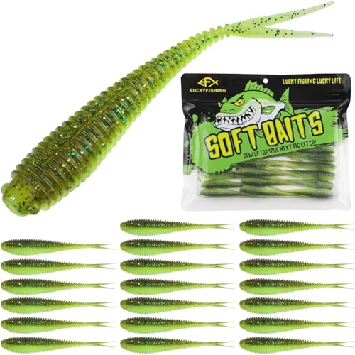 LUCKYFISHING Soft Plastic Baits 20PCS/30PCS/40PCS Forked Tail Fishing Soft Bait for Bass Walleye Trout Crappie Lures 3in/3.5in/4in - color: Green Flash, size: 4in-20pcs