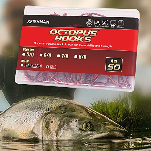 Octopus-Hook-Fishing-Beak-Circle-Hooks-Freshwater-Red-Black-100-50 Pack - color: 1-Red, size: Size:8/0 50-Pack