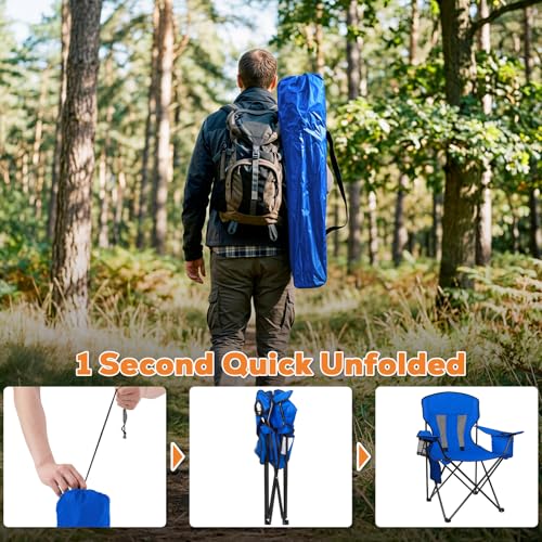 Romswi Portable Camping Chairs for Adult, Folding Outdoor Chairs with 4-Can Cooler Bag, Folding Chair with Mesh Back for Outdoor, Fishing, Garden, 2-Pack, Blue - color: Blue, style: Large