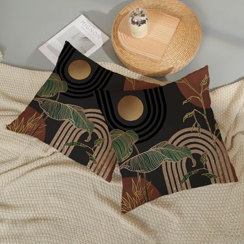 Boho Grey Rust Brown Pillow Covers 18x18 Set of 2 Gold Green Leaf Tropical Mid Century Throw Pillows Outdoor Bohemian Modern Decorative Pillowcase Farmhouse Cushion Case for Couch Sofa Decor - color: Mid Century-brown Background, size: 18" x 18" (Pack of