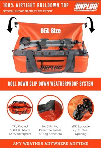 UNPLUG Ultimate Adventure | 1680D Heavy Duty Waterproof Bag | Large Travel Bag which can be Used for Camping, Motorcycling, Boating, or Hunting| 65L Adventure Orange - color: Adventure Orange, size: 65L