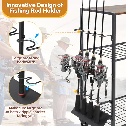 Olakee Fishing Rod Holders, Rolling Fishing Rod Rack for Garage & Boat, Tackle Box & Reel Holder Cart, Easy Assembly Fishing Gear Management System, Ideal Birthday Gift for Men Dad Anglers - color: 8 Rods,Brown