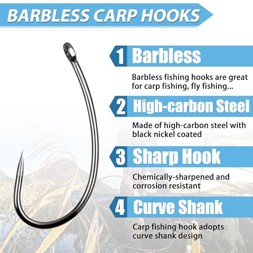 Carp Fishing Hooks Barbless, 110pcs Crappie Hooks Trout Circle Curve Shank Crank Fly Tying Hooks for Freshwater Saltwater Fishing, 10#, 8#, 6#, 4#, 2# - size: 10#_110pcs