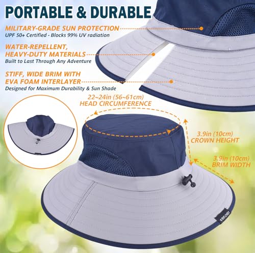 Wide Brim Sun Bucket Hat, Waterproof Boonie Hat for Men & Women | UPF 50+ UV Protection, Adjustable Fit, Chin Strap & Sweatband, Foldable Durable for Fishing Hiking Garden Beach - color: 02 Light Grey+navy Blue