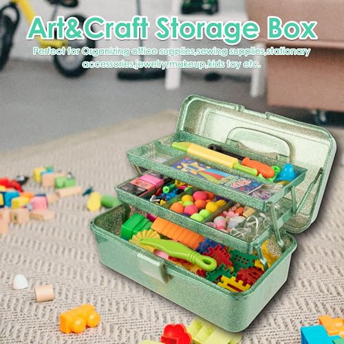 Glitter Art & Craft Tool Storage Box,3-Layer Stackable Carry Tackle Box Sewing Box Organizer for Art Supply, Makeup,Sewing Supply (Green) - color: Green