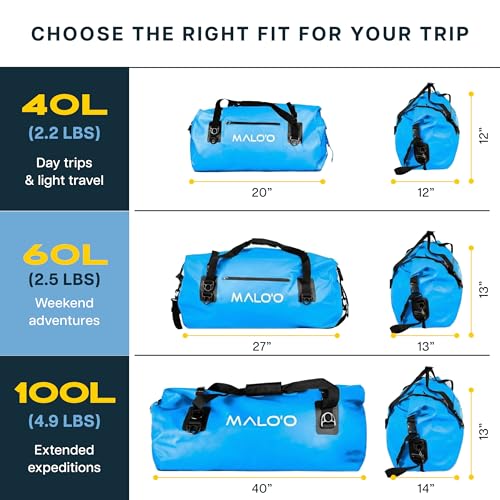 Malo’o Waterproof Dry Duffel, Heavy-Duty Roll Top Waterproof Gear Bag with Shoulder Strap & Molle Loops, Marine Duffel for Kayaking, Boating, Camping, Beach & Travel, Blue, 60L - color: Blue, size: 60L
