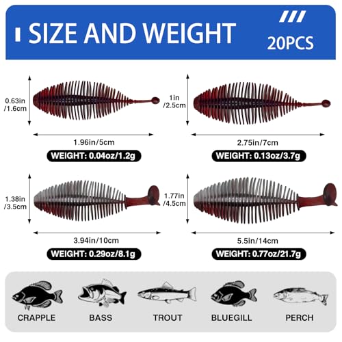 Eupheng 20PCS Soft Plastic Swimbait, Ribbed Plastic Baits with Tickle/Paddle Tail, Fishing Worms Bionic Soft Leech Fishing Minnow Bait for Bass, Pike, Trout, Walleye - color: Pumpkin Brown, size: 7cm(2.75inch)