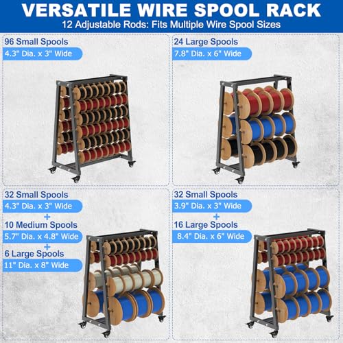 Kipika Heavy Duty Mobile Wire Spool Rack - 12-Rod Adjustable Cable Reel Holder with Locking Swivel Casters, Alloy Steel Frame for Industrial, Electrical, Workshop, 400LB Capacity - color: C: Mobile Wire Spool Holder (12 Rods)