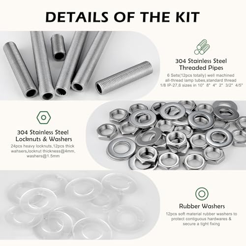 Stainless Steel Lamp Pipe,Lamp Repair Hardware Assortment,SS304 Lamp Assembly Hardware Including 10" Nipples,Washers & Locknuts.Threaded Lamp Rod for Outdoor Lamps (304 Stainess Steel)