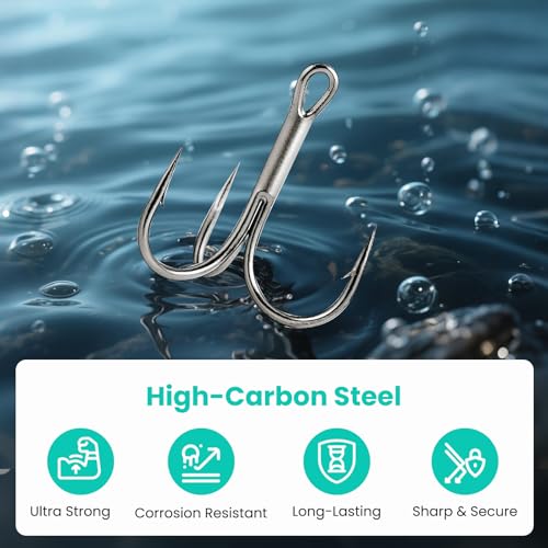 Fishing Hooks Treble Hooks Kit, 50pcs(Size#2#4#6#8#10),High Carbon Steel Strong Sharp Round Bend for Catfish Trout Hard Baits Lures,Saltwater Freshwater