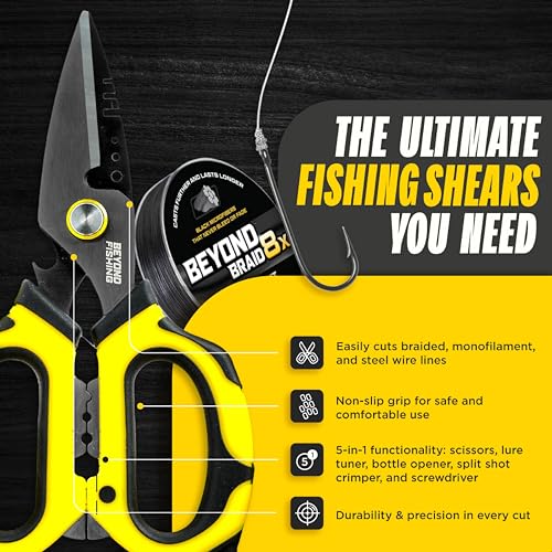 Beyond Fishing 6.5" Pro Fishing Shears Dual Serrated Blades, Fishing Braided Line Scissors with Titanium Coating, Non-Slip Grip & Multifunction Tool, Includes Hard Molded Locking Sheath - color: Omnipro - Black and Yellow