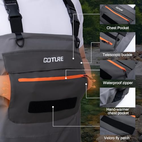 Goture 5-Layer Waterproof Stocking Foot Waders, Breathable Fly Fishing Waders for Men Women, Multiple Storage Pockets 5 Sizes - color: Gray + Bottle Holder + Bag - Gift Box Pack, size: XX-Large