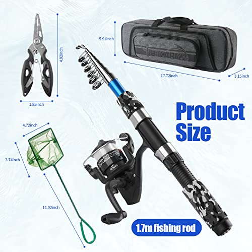 Fishing Rod Reel Combos Collapsible Fishing Rod Kit, 2PCS Telescopic Fishing Pole+2PCS Spinning Reels+Lures Hooks+Tackle Bag+Fishing Accessories Full Combo for Kids Youth - color: 2PCS 1.7M Black and Blue