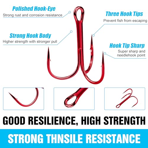Fishing Treble Hooks Kit, Sharp Replacement Treble Hooks for Lures Baits, High Carbon Steel Fishing Hooks with Stainless Steel Split Rings Set for Bass Trout Walleye Pike - color: Red+Silver_150pcs