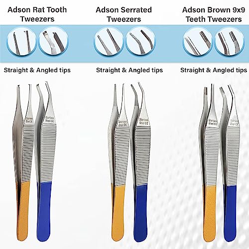 Set of 6 Adson Dressing Tissue Brown Forceps 4.75", Straight and Curved - Premium Quality Stainless Steel (A2Z BRAND)