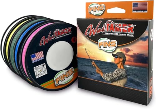 FINS Windtamer Braided Fishing Line – Round No-Wax 4-End Braid, Eliminates Wind Knots and Rod Tip Wraps, No-Stretch Performance, Low Memory, Freshwater Saltwater, Spinning Baitcasting, Made in USA - color: Hi-Viz Yellow, style: 4 Lb - 150 Yds