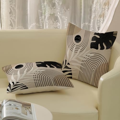 Black Boho Pillow Covers 16x16 Inch 2 Pcs Beige Brown Tropical Leaf Mid Century Summer Outdoor Decor Throw Pillows Modern Geometry Farmhouse Decoration Pillowcase Linen Cushion Cover for Couch - color: Black Brown Beige Boho, size: 16" x 16" (Pack of 2)