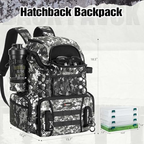 Piscifun Fishing Tackle Backpack with Rod Holders & 4 Tackle Boxes, 42L Outdoor Fishing Bag with Waterproof Rain Cover - color: Camouflage