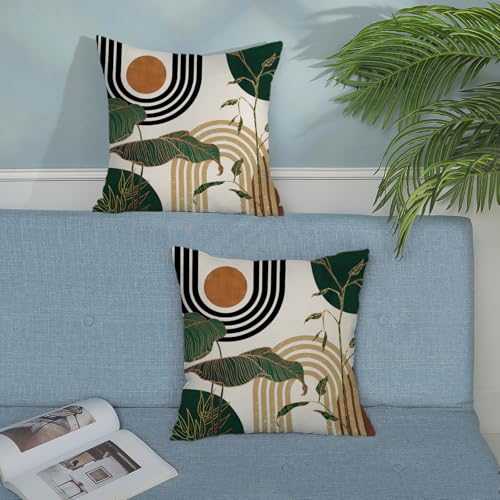 Boho Green Pillow Covers 18x18 Set of 2 Green Gold Leaf Tropical Mid Century Throw Pillows Outdoor Bohemian Modern Decorative Pillowcase Farmhouse Linen Cushion Case for Couch Sofa Decor - color: Mid Century-green, size: 18" x 18" (Pack of 2)