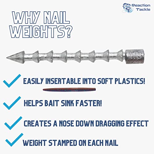 Reaction Tackle Nail Weights for Bass Fishing - Insert Pencil Sinkers for Wacky Rig, Neko Rig and Soft Plastic Lures - Freshwater and Saltwater - 25-Pack - size: Variety Pack: 1/32, 1/16, 3/32, 1/8 Oz (40 Piece)