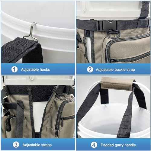 Fishing Bucket Organizer with Bucket Cover Fishing Tackle Bag with Rod & Plier Holder, Multi-Pockets for 5 Gallon Bucket Fishing Gear & Accessories Father Gifts - color: Khaki
