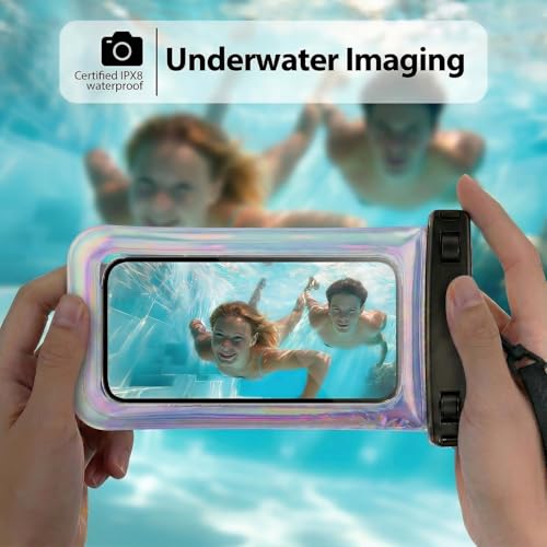 Floatable Waterproof Phone Pouch Case for iPhone 17 16 Pro Max/15/14, IP68 Travel Cellphone Dry Bag Beach Cruise Ship Essentials Bags with Crossbody Lanyard, Iridescent Purple with Word - 7″ - color: A6-Iridescent Purple with character