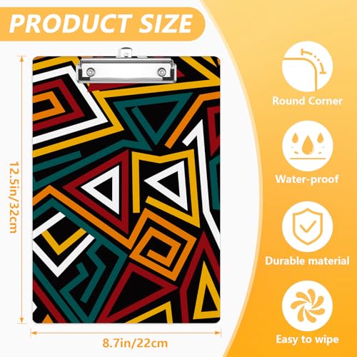 African Geometric Clipboard, Abstract Decorative Clip Board with Metal Clip Cute Plastic Clipboards A4 Standard Size 8.5" x 12.5" for Nurses, Students, Office - color: African Geometric
