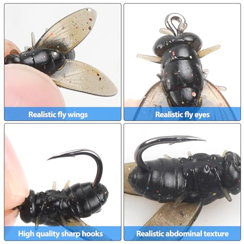 Bionic Fly Fishing Bait, Flies Fishing Lures Kit Trout Jigs Swimbaits Dry Flies Fly Fishing Lures Fish Attractant Fly Fishing Hook for Saltwater Freshwater Bass Panfish 15mm - color: Black-18pcs