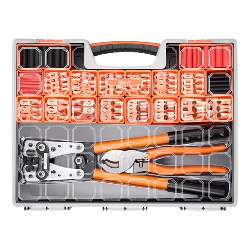 245pcs Battery Cable Ends Kit,AWG 2 4 6 8 1/0 2/0 Gauge,0 Gauge 00 Gauge Heavy Duty Wire lugs, 3/8" Ring Terminal Connectors with 3:1 Heat Shrink Tube & Professional Wire Cutter