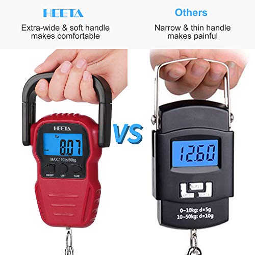HEETA Fish Scale with Backlit LCD Display, Up to 110lb/50kg Digital Portable Hanging Fish Weight Scale with Hook & Measuring Tape for Home, Farm, Outdoor, Hunting, Fishing, 2 AAA Batteries Included - color: Red