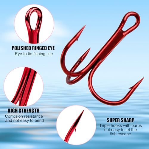 Fishing Treble Hooks - Sharp Strong Red Treble Fishing Hooks High Carbon Steel Triple Hooks Round Bend Barbed Fish Hook for Saltwater Freshwater Size #14-1/0 - size: 60pcs-2#