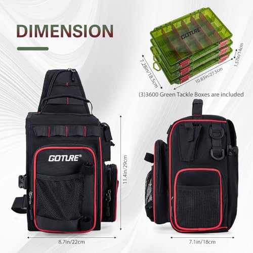 Goture OpenSide Fishing Sling Tackle Storage Bag with 3 Tackle Boxes, Lightweight Fishing Backpack Storge Gear - Black Bag Outdoor,Gift for men - color: Black, size: Small bag with 3600 trays, style: Bag + Fishing Boxes