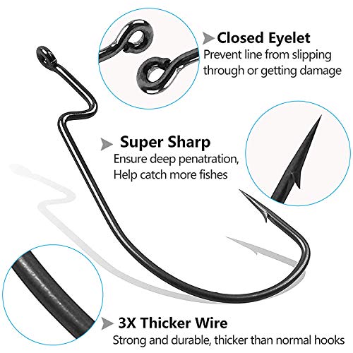 Bass Fishing Hooks 3X Strong Offset EWG Worm Hooks Jigs for Soft Plastic Bait Bass Trout Texas Rig 1-5/0 - size: 150PCS-3/0