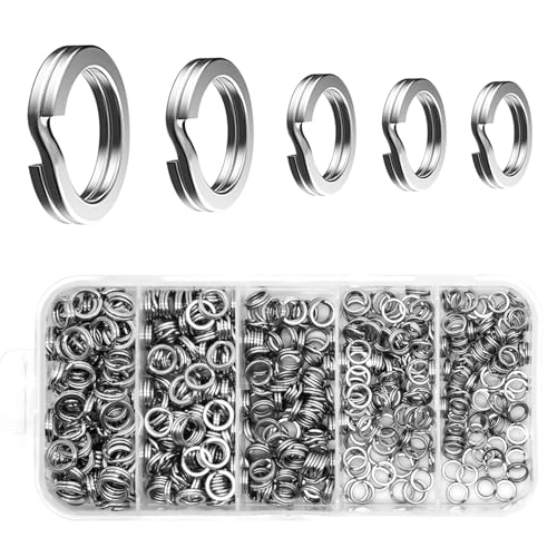 5 Sizes Fishing Split Rings Assortment Kit Stainless Steel Double Flat Lure Tackle Connector 30lb to 120lb Test for Trolling Jigging Offshore