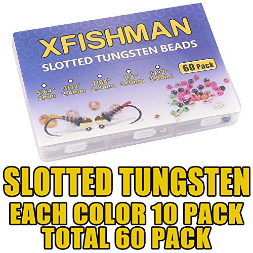 XFISHMAN Tungsten-Slot-Beads-Fly-Tying-Beads-Heads-Assortment Fly Tying Materials Nymph for Fly Fishing Slotted Tungsten Beads 60 Pack - size: 5/64"