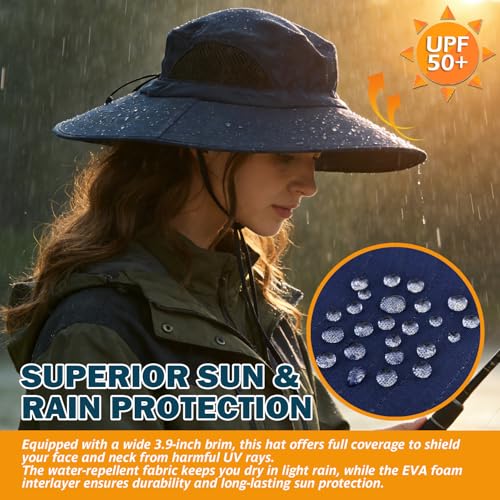 Wide Brim Sun Bucket Hat, Waterproof Boonie Hat for Men & Women | UPF 50+ UV Protection, Adjustable Fit, Chin Strap & Sweatband, Foldable Durable for Fishing Hiking Garden Beach - color: 01 Navy Blue