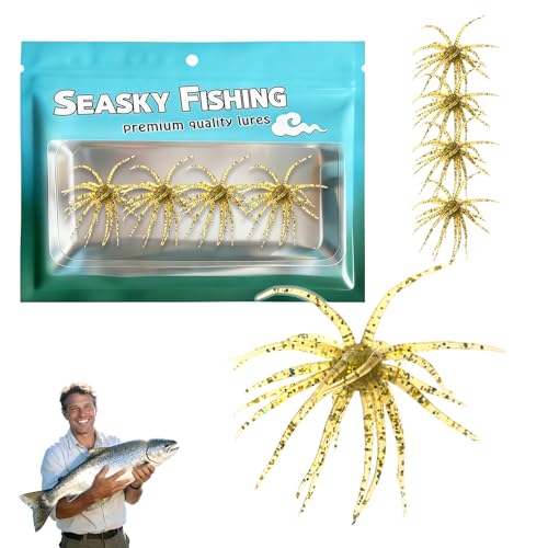 4Pcs Dice Bait, Floating TPR Swimbait with Reflective Stars,Tentacle Creature Lure, Sea Urchin Style Soft Plastic Baits, for Bass Fishing Drop Shot, Wacky Rig/Neko Rig and Finesse, Slow Sinking - color: Gold(S), size: 6cm/2.34inch