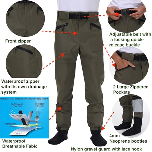 Fishing Waders for Men and Women,Wading Pants with Neoprene Stocking Foot,Fishing Waist Waders Pants with Pockets - size: Large