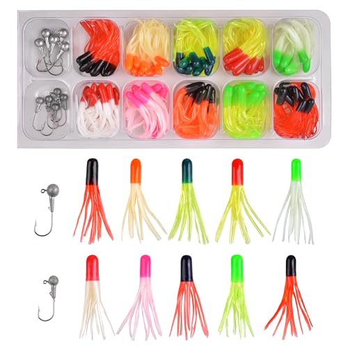 Soft Plastic Fishing Lure Jig Head Hook Kit,Grub Worm Lures Crappie Jigs Head Grub Tail Swimbait Tube Bait Jigs for Saltwater Freshwater, Trout Crappie Fishing - color: 110PCS Sets